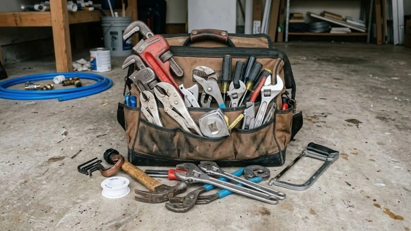 Canvas tool bag full of wrenches and pliers with pipe and fittings on a concrete floor