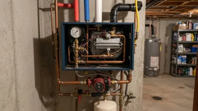 Wall-mounted boiler with exposed controls, pressure gauge and circulator pump in a basement