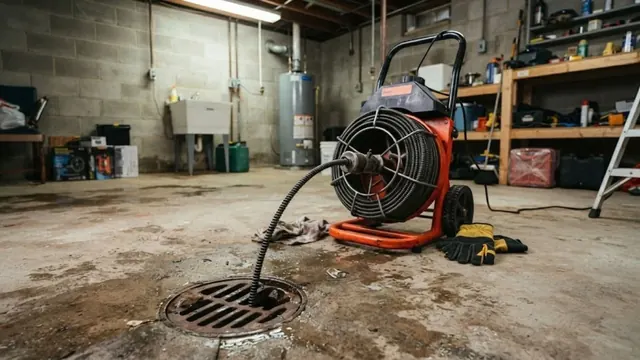 Motorized drain cable machine with its cable fed into a floor drain in a basement