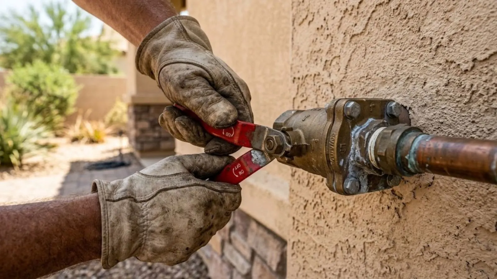 Gloved hands working a shutoff valve on an exterior water line at a stucco wall