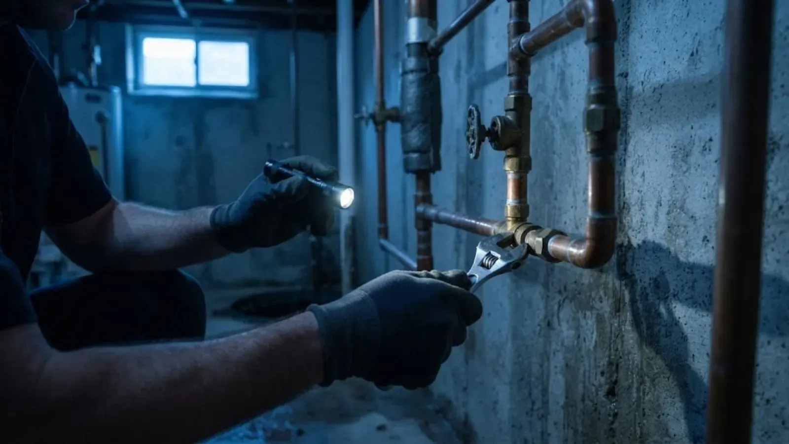 Plumber with a flashlight and wrench working on copper pipes along a basement wall