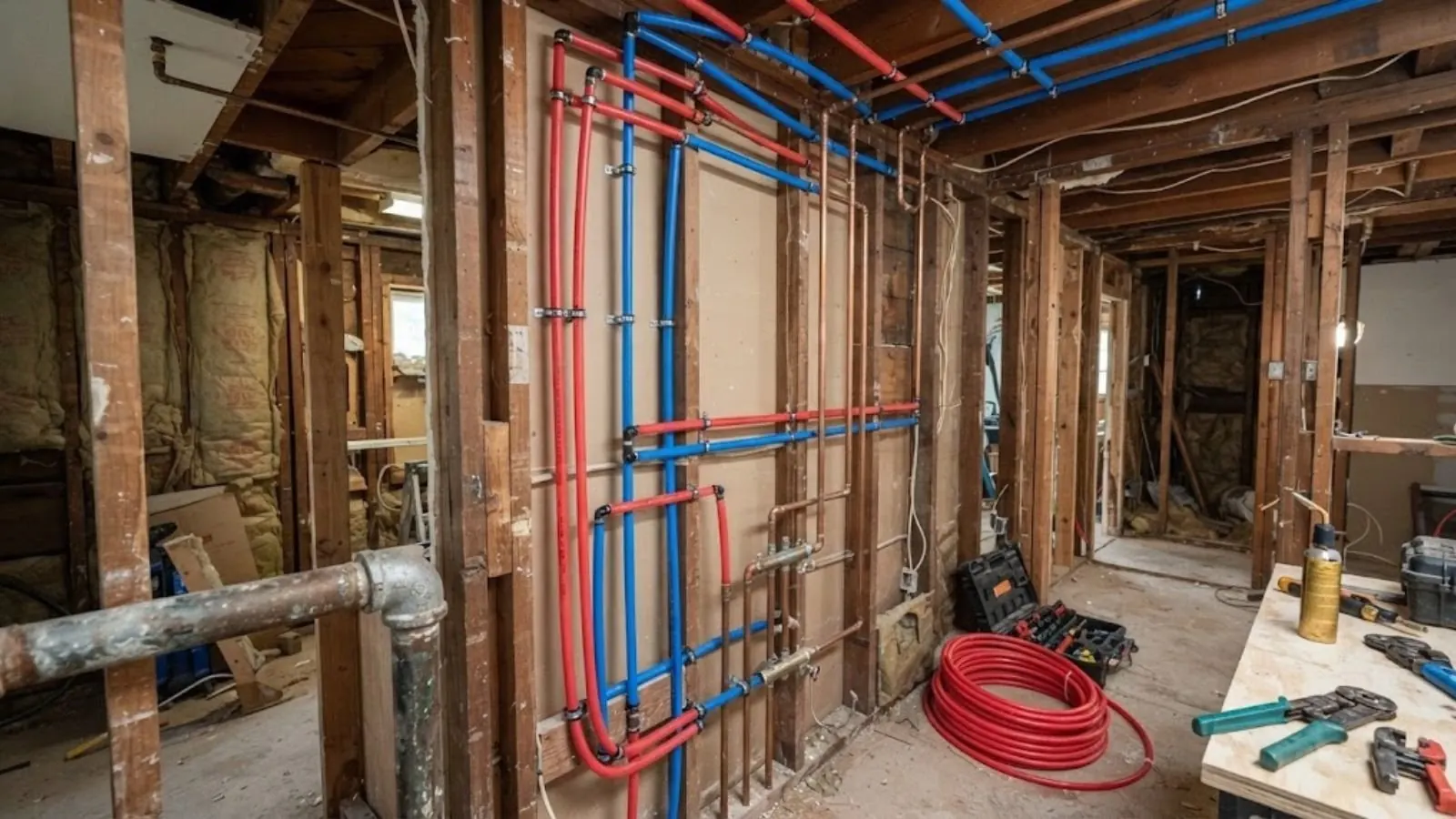 Exposed wall framing with new red and blue PEX pipes and copper lines during a repipe