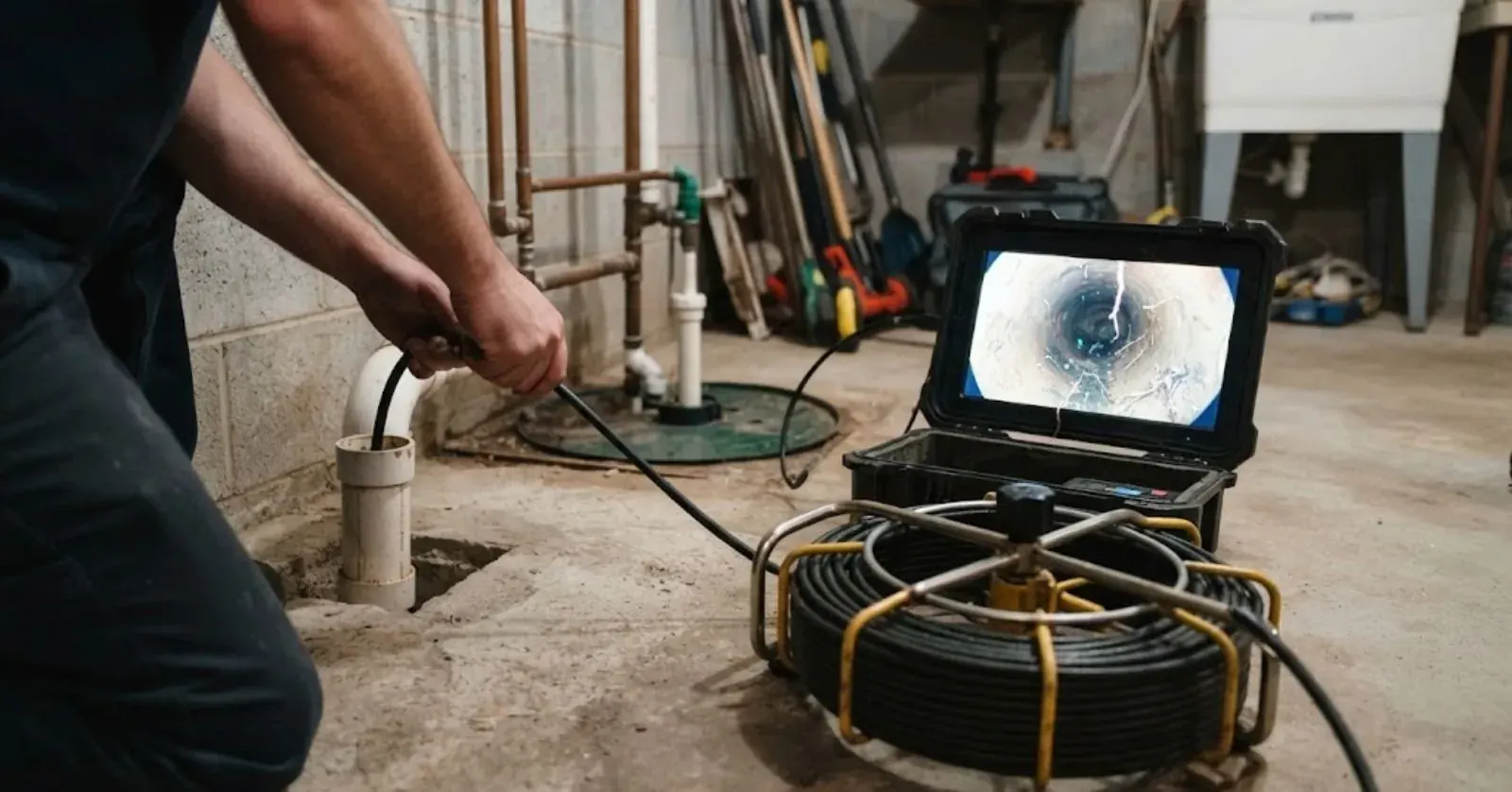 Technician feeding a camera cable into a basement drain cleanout with a monitor showing the pipe interior