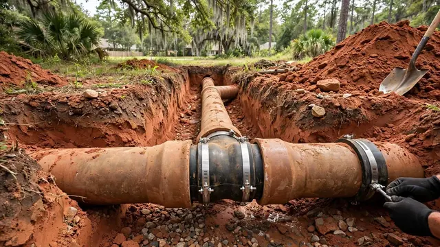 Excavated trench with a clay sewer pipe being joined with a rubber coupling and metal clamps