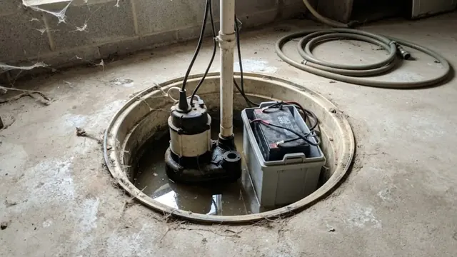 Sump pump with a battery backup in a basement pit