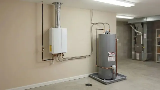 Wall-mounted tankless water heater with venting next to a tank water heater in a basement