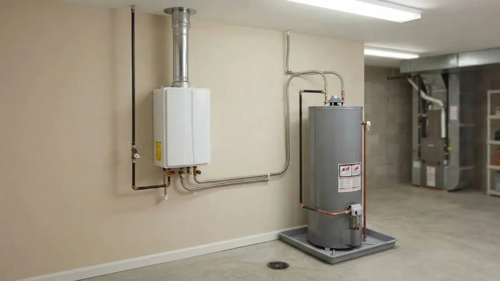 Wall-mounted tankless water heater with venting next to a tank water heater in a basement