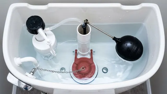 Open toilet tank showing the float, fill valve and flapper