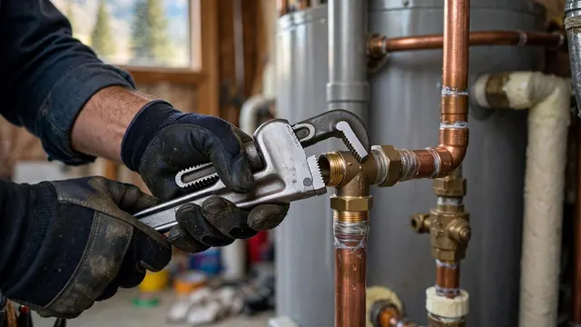 Gloved hands using a pipe wrench on copper fittings at a water heater