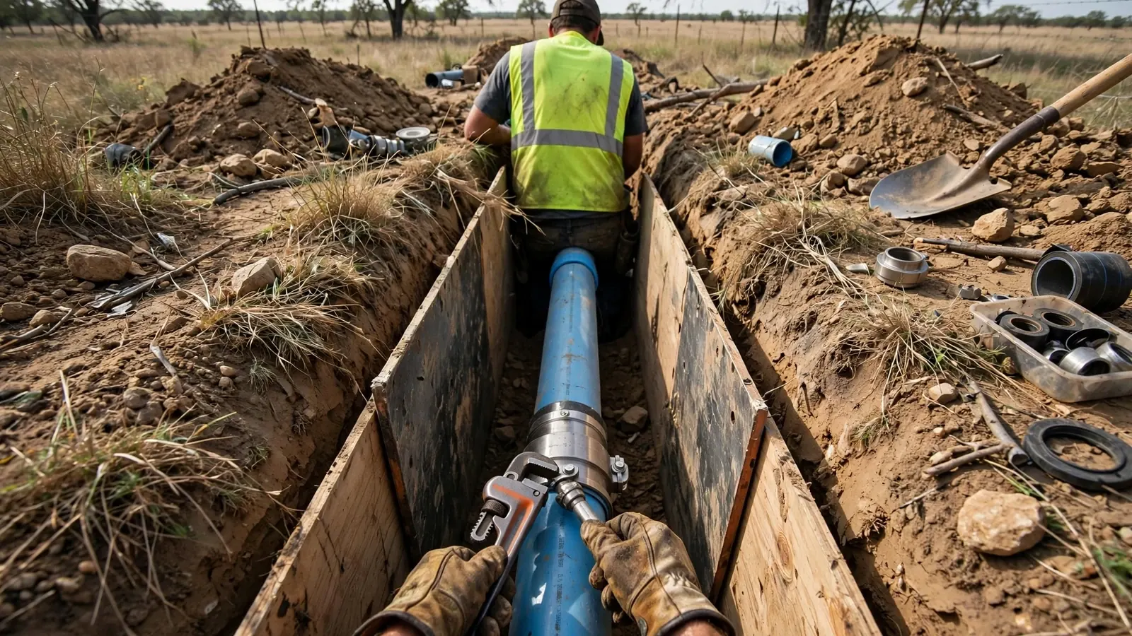 Worker in a high-visibility vest repairing a blue water line in a narrow trench
